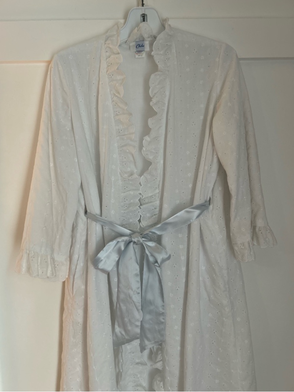 Vintage 1960’s ChicaWhite Eyelet Ruffled Long Robe with Blue Belt Made in USA